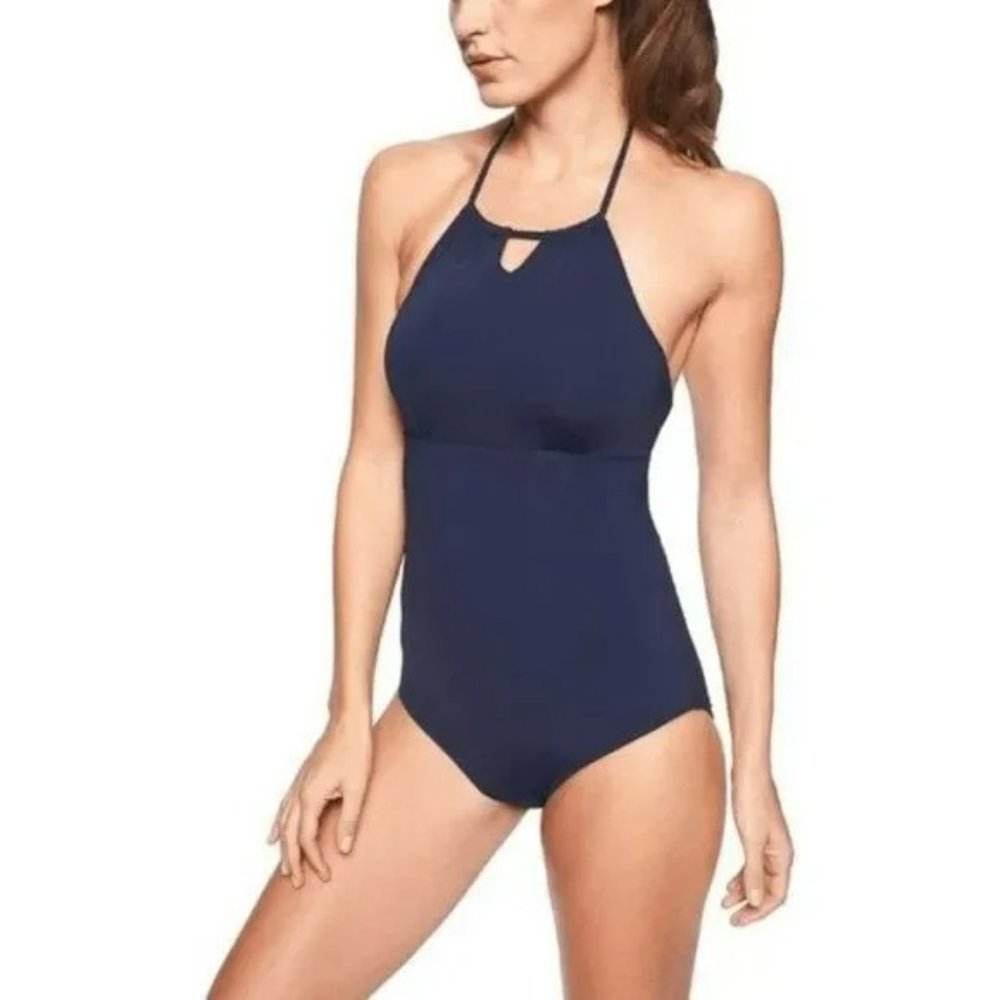 Athleta XLT Navy Keyhole High Neck Swimsuit
